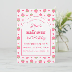 Invitation Jolie Fille aux Fraises Roses Douce 3ème Anniversa