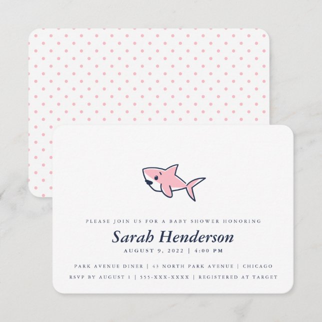 Invitation Jolie fille Baby shower de requin rose à main (Devant / Derrière)