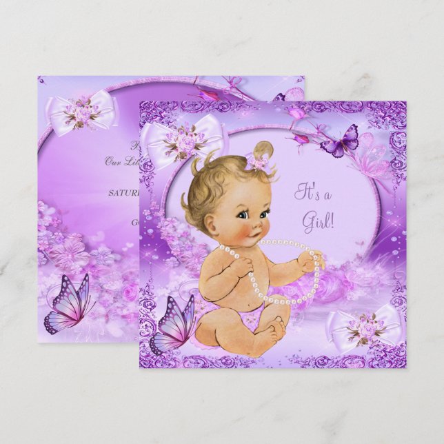 Invitation Jolie fille Baby shower papillon pourpre Blonde (Devant / Derrière)