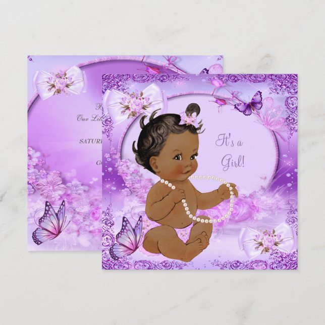 Invitation Jolie fille Baby shower papillon pourpre Ethnique (Devant / Derrière)