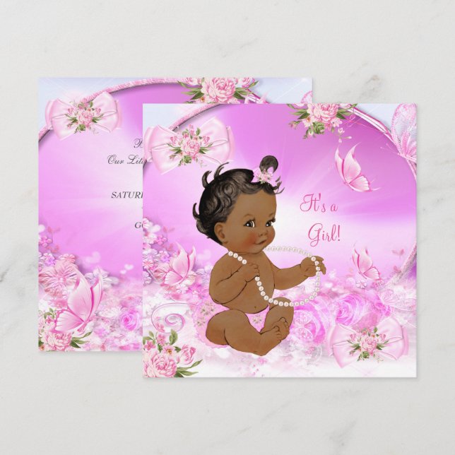 Invitation Jolie fille Baby shower papillon rose ethnique (Devant / Derrière)