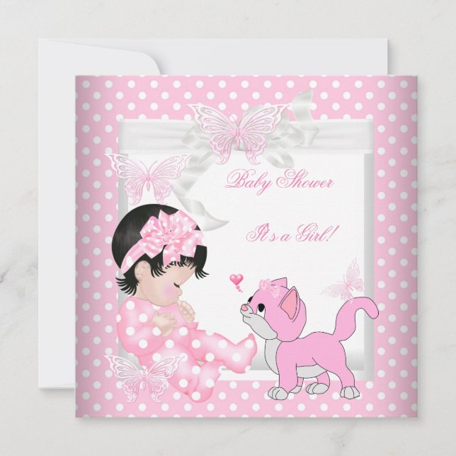 Invitation Jolie fille Baby shower rose chat Kitten 3CC (Devant)