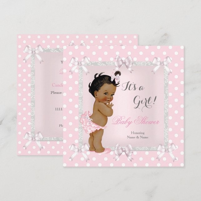 Invitation Jolie fille Baby shower rose gris ethnique (Devant / Derrière)