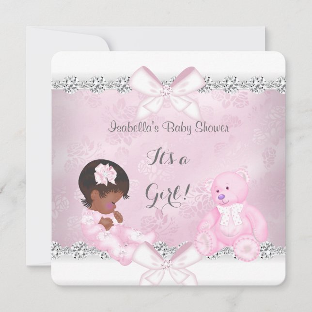 Invitation Jolie fille Baby shower rose Ours blanc (Devant)