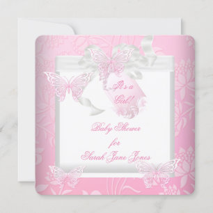 Invitation Jolie fille Baby shower rose Papillon blanc