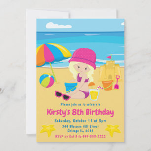 Invitation Jolie Fille Blonde Été Plage Anniversaire