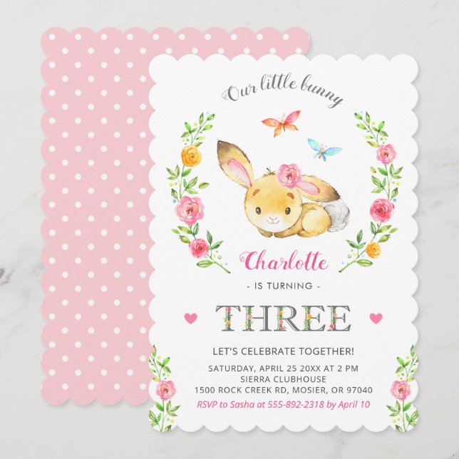 Invitation Jolie Fille Bunny Florale 3ème fête d'anniversaire (Devant / Derrière)