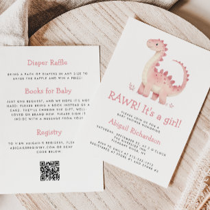 Invitation Jolie Fille Code QR Dinosaure Rose Bébé Shower