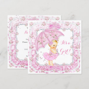 Invitation Jolie Fille de Fête de Naissance Fleurie Rose Blon