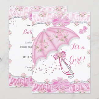 Invitation Jolie Fille de Fête de Naissance Fleurs Parapluie 