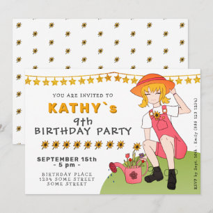 Invitation Jolie Fille de Jardinage avec Fleurs Anniversaire
