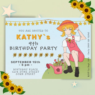 Invitation Jolie Fille de Jardinage avec Fleurs Anniversaire