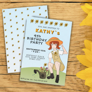 Invitation Jolie Fille de Jardinage Fleurs Cheveux Bruns Anni