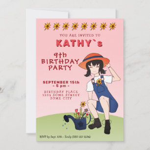 Invitation Jolie Fille de Jardinage Fleurs Cheveux Noirs Anni