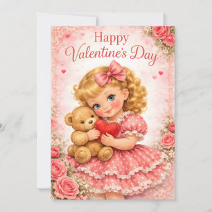 Invitation Jolie fille de la Saint-Valentin avec un ours en p