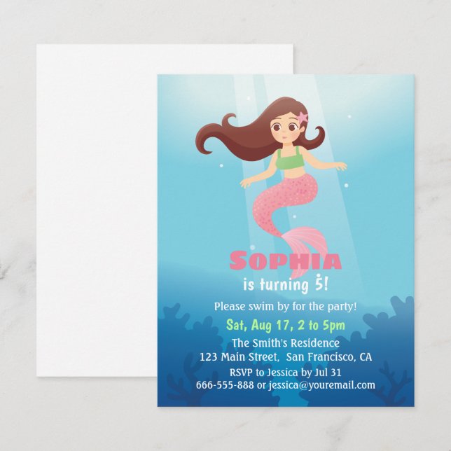 Invitation Jolie fille de sirène sous la mer fête d'anniversa (Devant / Derrière)