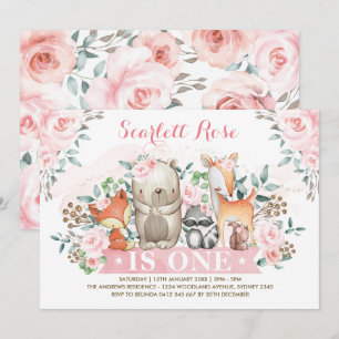 Invitation Jolie fille de Woodland 1er anniversaire Floral ro