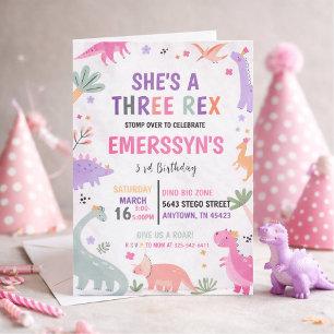 Invitation Jolie fille dinosaure 3e anniversaire
