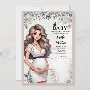Invitation Jolie Fille Enceinte Cheveux Ondulés Fleur Baby Sh