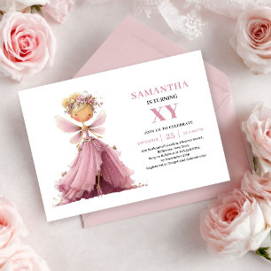 Invitation Jolie Fille Fée 5ème Anniversaire Rose Poussiéreus