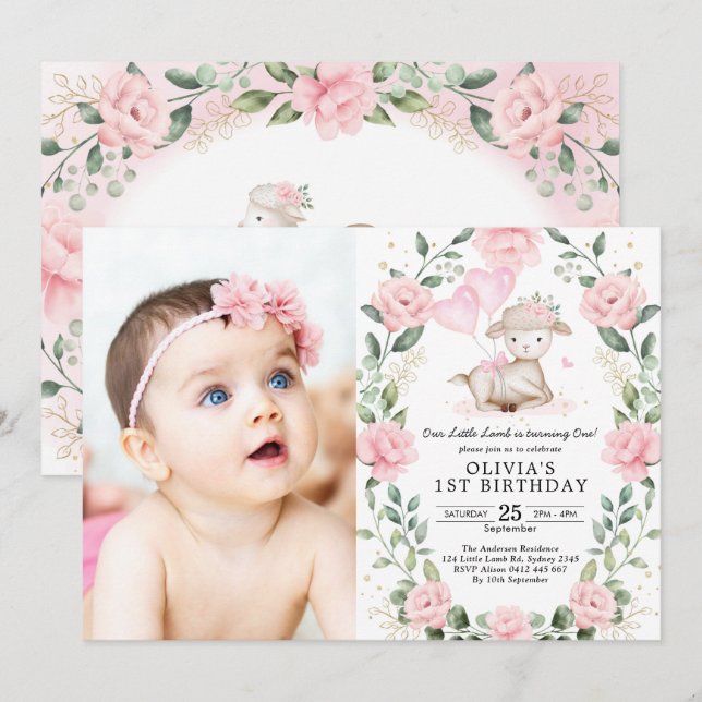 Invitation Jolie Fille Fille Fille Fille Agneau Rose Fleur Fe (Devant / Derrière)