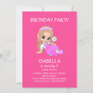 Invitation Jolie Fille Princesse en Rose 5ème Fête d'Annivers