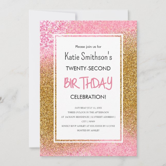 Invitation Jolie fille rose Parties scintillant or Anniversai (Devant)