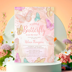 Invitation Jolie fille rose un petit papillon baby shower chi