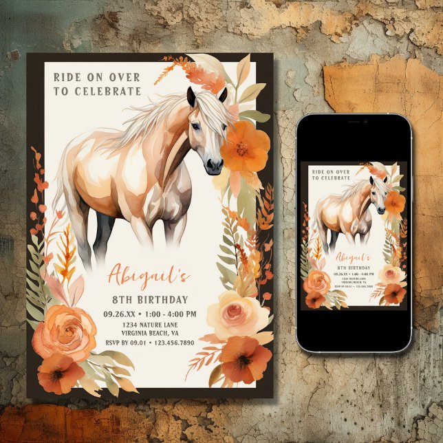 Invitation Jolie fleur de cheval et de pêche Aquarelle Annive (Printed and Digital - Beautiful Horse and Autumn Flowers Fall Birthday Invitation)