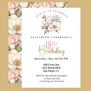 Invitation Jolie Fleur de Pivoine Rose Clair pour 18ème Anniv
