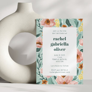 Invitation Jolie Fleur de Sauge Rose Menthe pour Bat Mitzvah