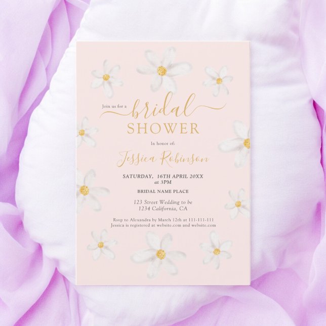 Invitation Jolie fleur or marguerite aquarelle nuptiale douch (Cute gold flower daisy watercolor bridal shower invitation)