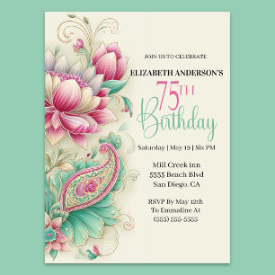 Invitation Jolie Fleur Paisley Élégante 75e Anniversaire