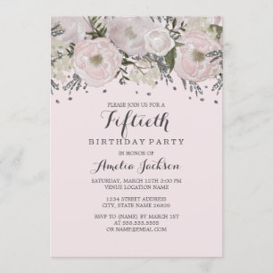 Invitation Jolie Fleur Rose Argent 50e Anniversaire