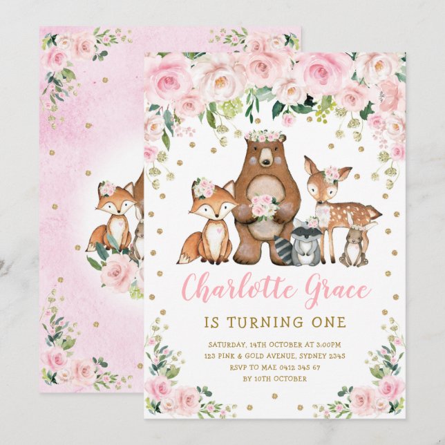 Invitation Jolie Fleur Rose Bois Animaux Fille Anniversaire (Devant / Derrière)