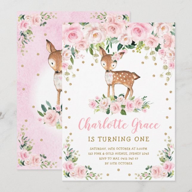 Invitation Jolie Fleur Rose Cerf Fille 1er Anniversaire (Devant / Derrière)