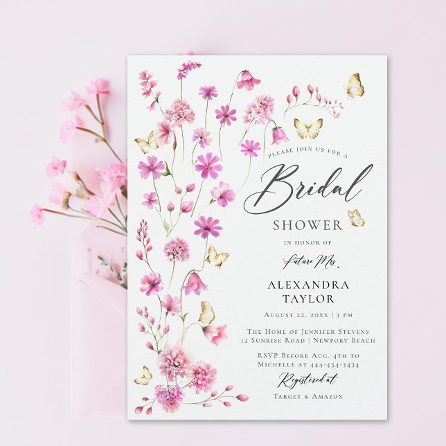Invitation Jolie Fleur sauvage papillons Fête des mariées (pretty pink wildflowers gold butterflies elegant boho bridal shower invitation garden rustic girly)