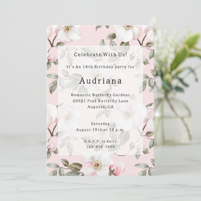 Invitation Jolie Fleurs Blanches Rose Anniversaire (Debout devant)