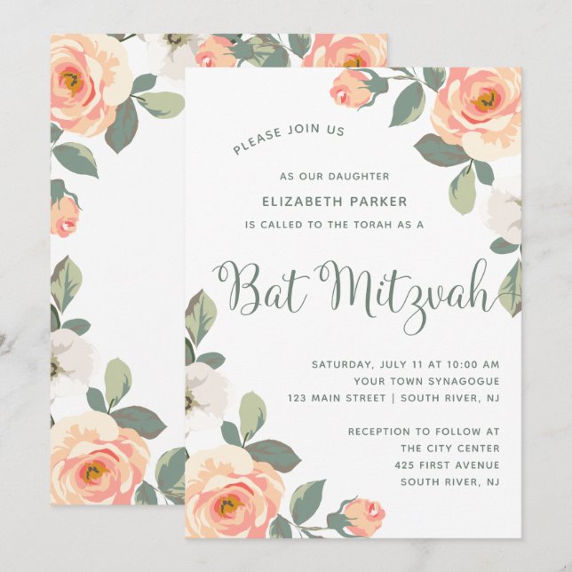 Invitation Jolie florale de pêche| Bat mitzvah (Devant / Derrière)