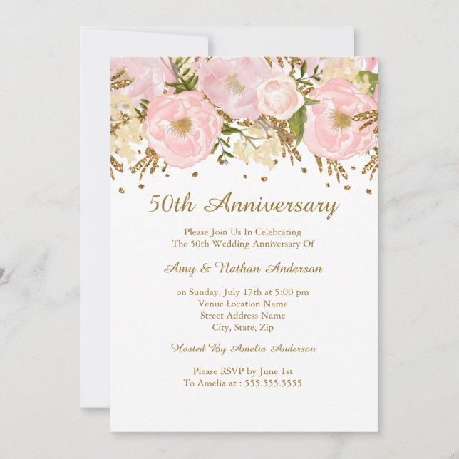 Invitation Jolie Florale Rose Pâle Or 50e Anniversaire (Devant)