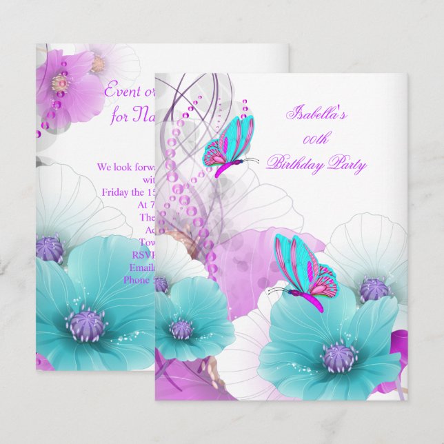 Invitation Jolie florale Turquoise papillon rose fête d'anniv (Devant / Derrière)