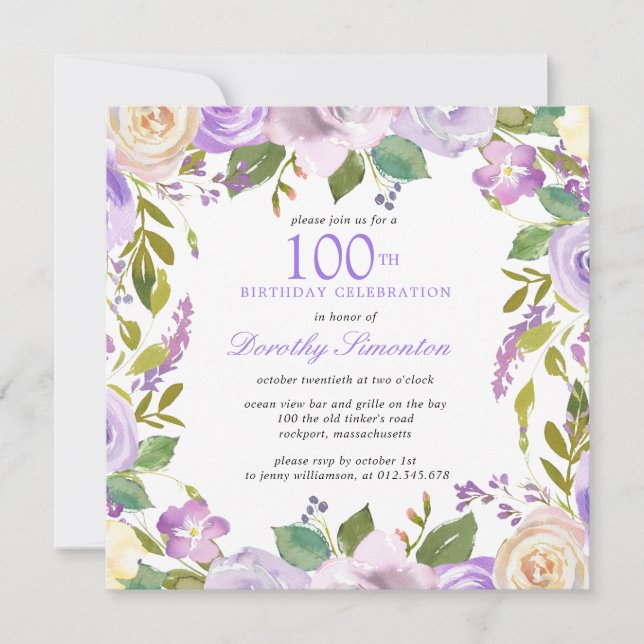 Invitation Jolie florale violette 100e anniversaire Invitatio (Devant)