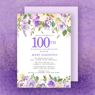 Invitation Jolie florale violette 100e fête d'anniversaire