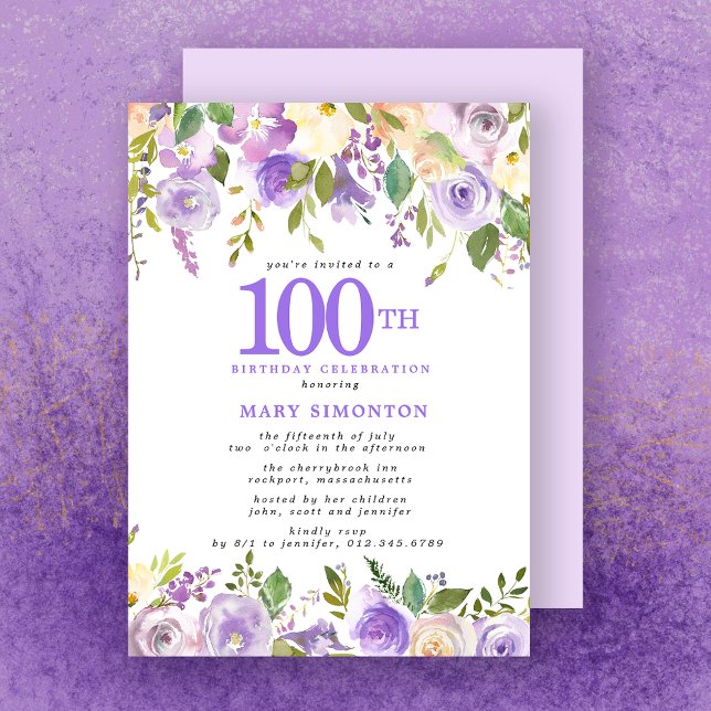 Invitation Jolie florale violette 100e fête d'anniversaire (Créateur téléchargé)