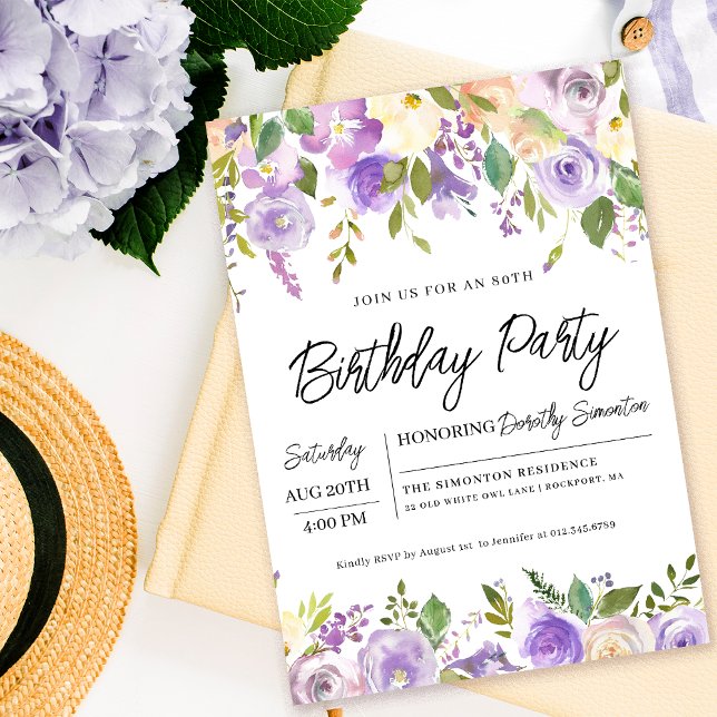 Invitation Jolie florale violette 80e fête d'anniversaire (Matching party supplies and signs available. Message me for help to find them.)