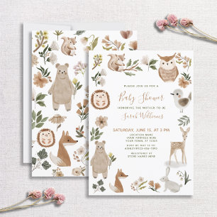 Invitation Jolie forêt Animaux Script Baby shower Boho Brown