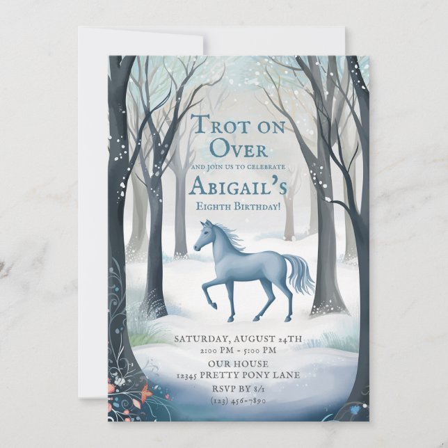 Invitation Jolie Forêt d'hiver Cheval Léger Ice Bleu Annivers (Devant)