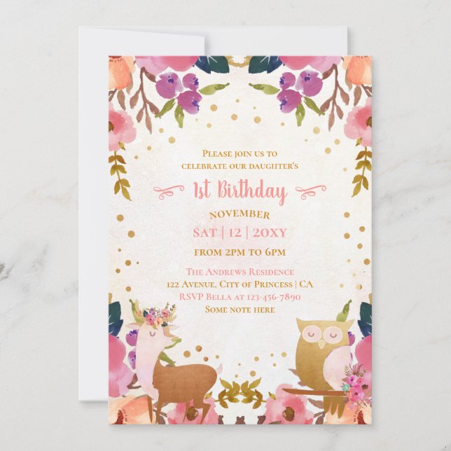 Invitation Jolie forêt enchantée Animaux 1er anniversaire (Devant)