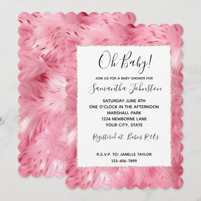 Invitation Jolie fourrure Faux Rose Fille (Devant / Derrière)