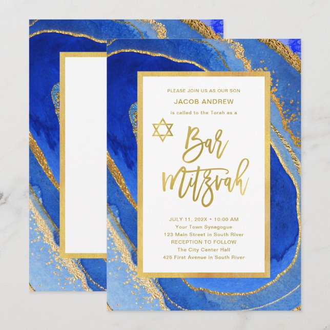 Invitation Jolie Géode Bleue et Or | Bar Mitzvah (Devant / Derrière)